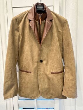 Retro Tan and Brown Faux Suede Blazer Jacket with Faux Leather Trim Size Large